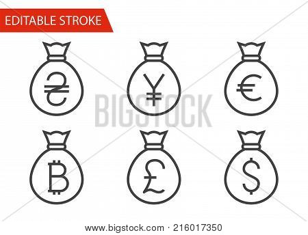 Bags with Money Icons Set. Thin Line Vector Illustration - Adjust stroke weight - Expand to any Size - Easy Change Colour - Editable Stroke
