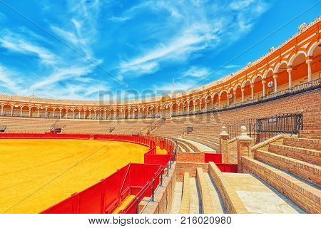 Panorama  View Of Square Of Bulls Royal Maestranza Of Cavalry In Seville. Spain.