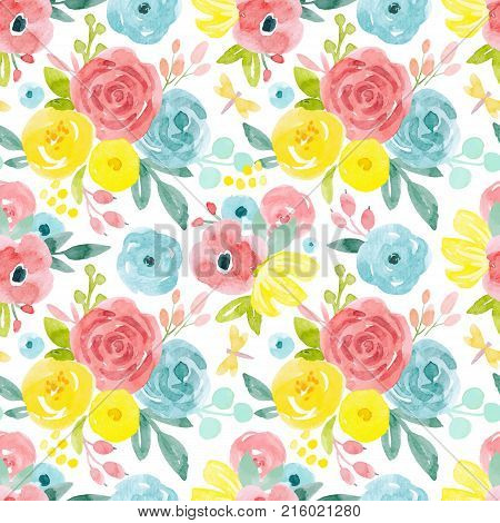 Beautiful seamless vector pattern with abstract hand drawn watercolor flowers