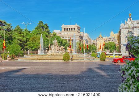 Cibeles Fountain And Cervantes Institute (instituto Cervantes) In The Downtown Of Madrid, Capital Of
