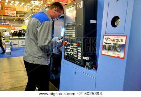 Kiev, Ukraine - November 23, 2017:-Industrial machinery, production aggregation and equipment, mechanical automaton facilities, machine tools and lathes. Industrial technologies, production processes.
