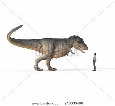 Man face to face with trex white on white background. This is a 3d render illustration