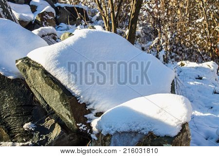 Stones Covered With Snow In A Winter Forest On A Sunny Day.