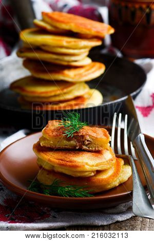 Pancakes with force meat .style rustic.selective focus