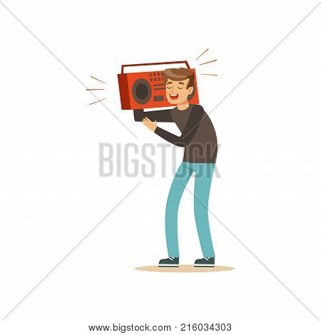 Cheerful teenager holding tape recorder over on his shoulder. Young boy character having fun at party. Cartoon vector illustration isolated on white background. Flat design for poster or sticker.