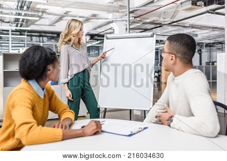 young manageress making presentaion for business partners