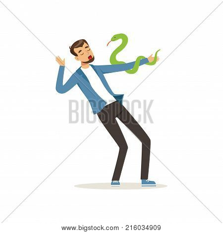 Cartoon male character with serpent pet on his hand. Young man with exotic snake isolated on white. Carnivorous reptile. Bearded guy in blue jacket and black pants. Flat design vector illustration.
