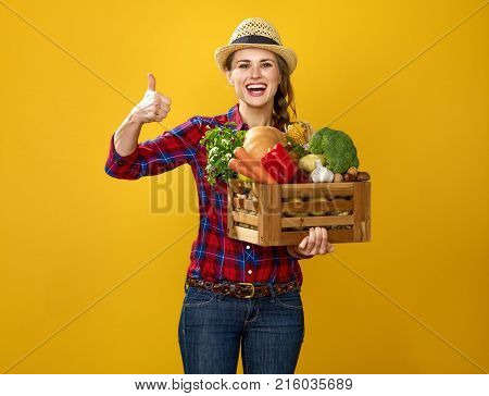 Woman Grower With Box Of Fresh Vegetables Showing Thumbs Up