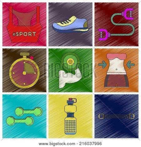 Set of flat shading style icons Fitness equipment