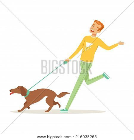 Happy young man running with dog outdoors. Human s best friends concept. Healthy lifestyle. Domestic animal. Cartoon male character in yellow sweater and green pants. Flat design vector illustration.