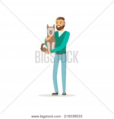 Handsome bearded man holding cute dog on hands. Cartoon male character with happy face expression in casual clothes. Human s best friends. Flat design vector illustration isolated on white background.