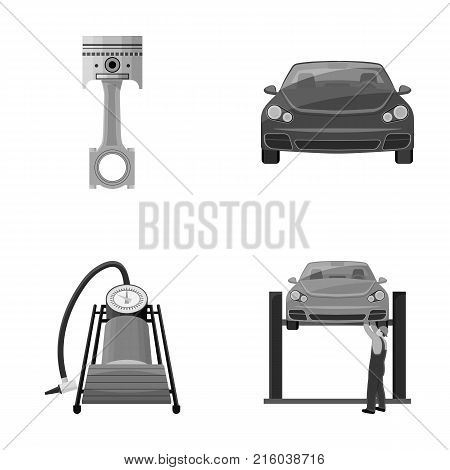 Car on lift, piston and pump monochrome icons in set collection for design.Car maintenance station vector symbol stock illustration .
