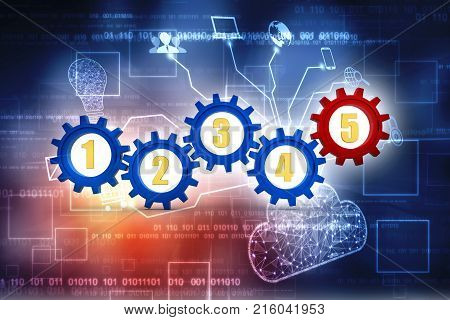 Steps 1 to 5 Numbers Gears Process System Procedure, gear mechanism concept. 3d Illustration