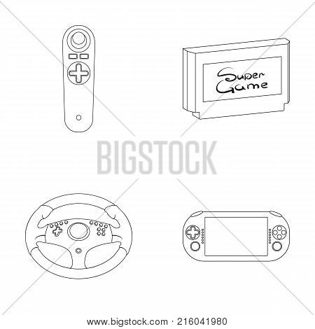 Game console and joystick outline icons in set collection for design.Game Gadgets vector symbol stock  illustration.