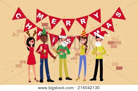 New Year's corporate party. Merry people in New Year's costumes. Cartoon style