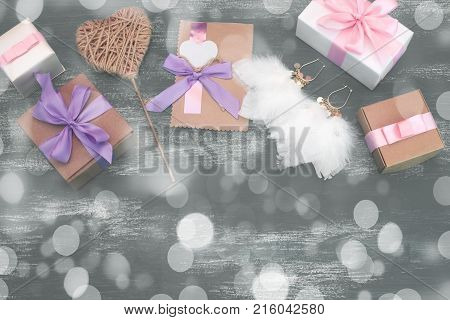Festive flat lay arrangement. Set of decorative elements for Valentine's day. The concept