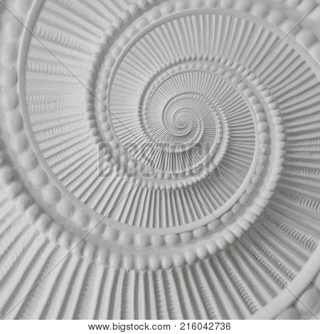White stucco moulding plasterwork spiral abstract fractal pattern background. Plaster abstract spiral effect background White spiral abstract background Decorative stucco element concept fractal swirl