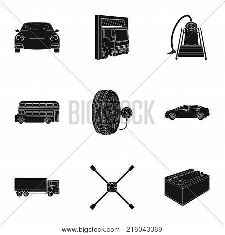 Car, lift, pump and other equipment black icons in set collection for design. Car maintenance station vector symbol stock illustration .
