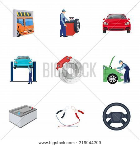 Car, lift, pump and other equipment cartoon icons in set collection for design. Car maintenance station vector symbol stock illustration .