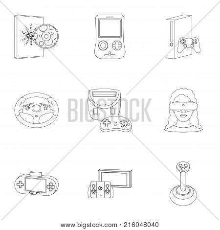 Game console and virtual reality outline icons in set collection for design.Game Gadgets vector symbol stock illustration.