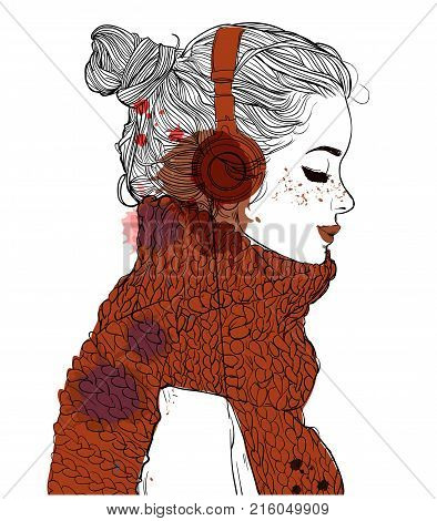 beautiful girl with headphones and skarf. vector illustration