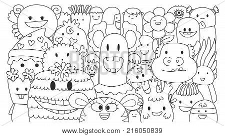 Hand drawn cute smiley monster crowd on the white background. Vector illustration