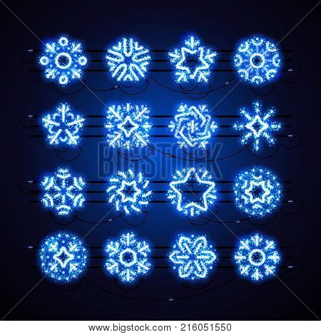 Set of blue Christmas neon snowflakes with magic glitter makes it quick and easy to customize your holiday projects. Used neon vector brushes included.