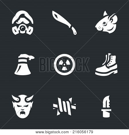 Man, machete, rat, cooling tower, nuclear, boot, demon, barbed wire, knife.