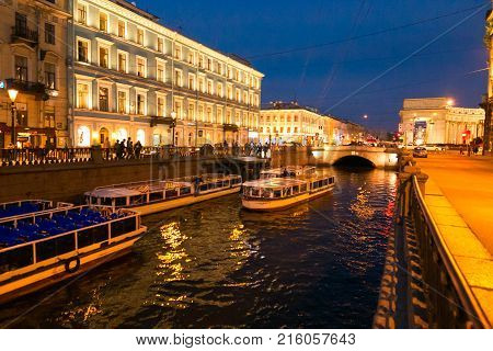 Petersburg, Russia - June 29, 2017: Ship Traffic On The Moika River At Night.