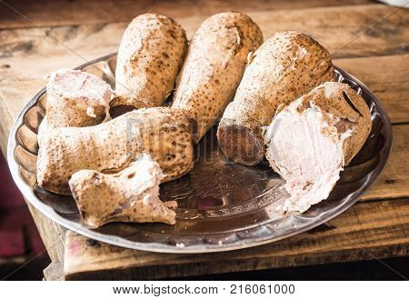 Cooked Cassava On  Platter On  Table Of Boards In Kenya