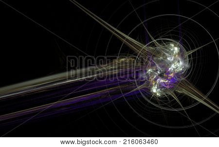 illustration of an abstract energy explosion with a spiral line around the epicenter of the explosion and a lilac tail on a black background.