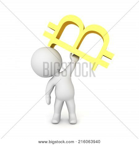 3D Character Lifting Up A Bitcion Symbol