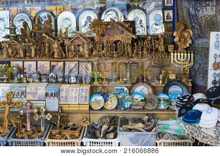 JERUSALEM, ISRAEL - 22 NOVEMBER 2017: The market of religious objects of worship of different religions in the territory of the old Jerusalem