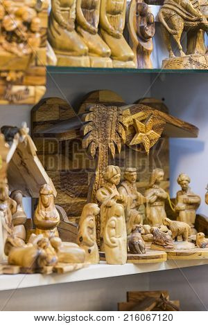 JERUSALEM, ISRAEL - 22 NOVEMBER 2017: The market of religious objects of worship of different religions in the territory of the old Jerusalem