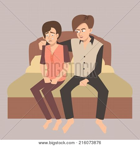 the husband consoles the crying wife - cute cartoon vector illustration about sympathy in family life