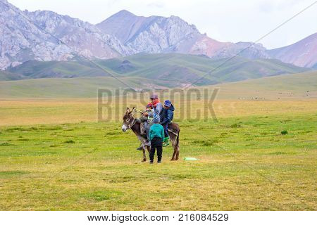 Kids And Man Riding A Donkey