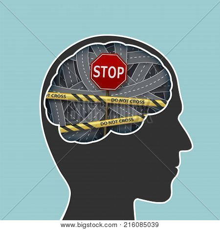 Human head with a brain. Prohibiting road sign stop and police line. Stock vector illustration.