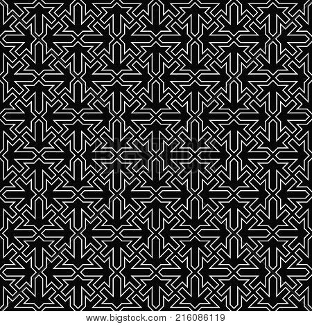 Seamless Arabic ornament in the form of leaves .Black background and thin white lines