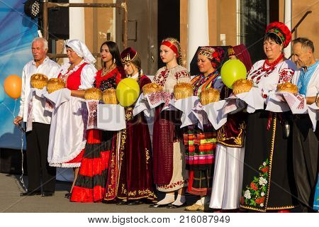 Genichesk, Ukraine - August 26, 2017: People in traditional clothing during Festival of National Cultures Tavriyska rodyna (Tavria Family)