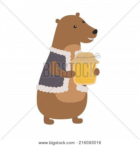 Funny bear with honey. Vector illustration isolated on white background for children