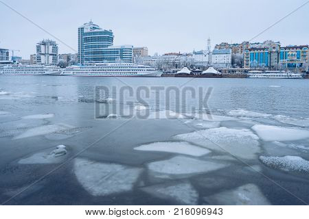 Winter City. Day. Pierce, The Water In The River Is Frozen. Rostov-on-don, South Russia.