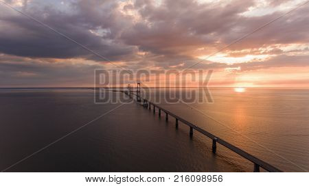 Bridge in denmark at the sunset. Aerial View