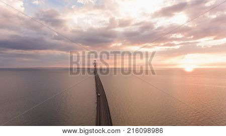 Bridge in denmark at the sunset. Aerial View