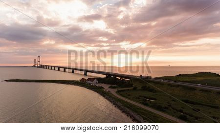 Bridge in denmark at the sunset. Aerial View