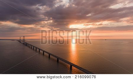 Bridge in denmark at the sunset. Aerial View