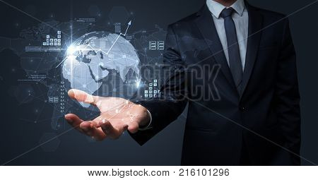 Businessman handing transparent global information flow concept on his hand