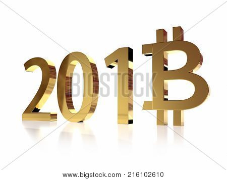 3D rendering of 2018 New Year date with eight digit replaced by bitcoin symbol on white background