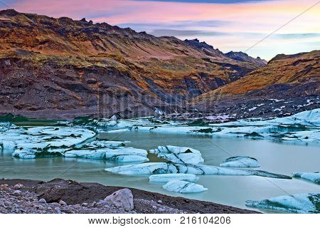 Solheimajokull Glacier in Iceland at sunset