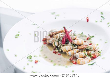 spicy garlic and wine prawns modern fusion gourmet food cuisine meal