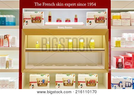 ROME, ITALY - CIRCA NOVEMBER, 2017: Clarins beauty products sit on display at a second flagship store of Rinascente in Rome. Clarins is a French luxury skin care, cosmetics and perfume company